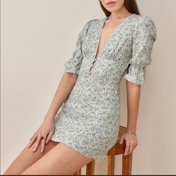 NWT Reformation Simi Linen Mini Dress in Agave - Picture 1 of 15
